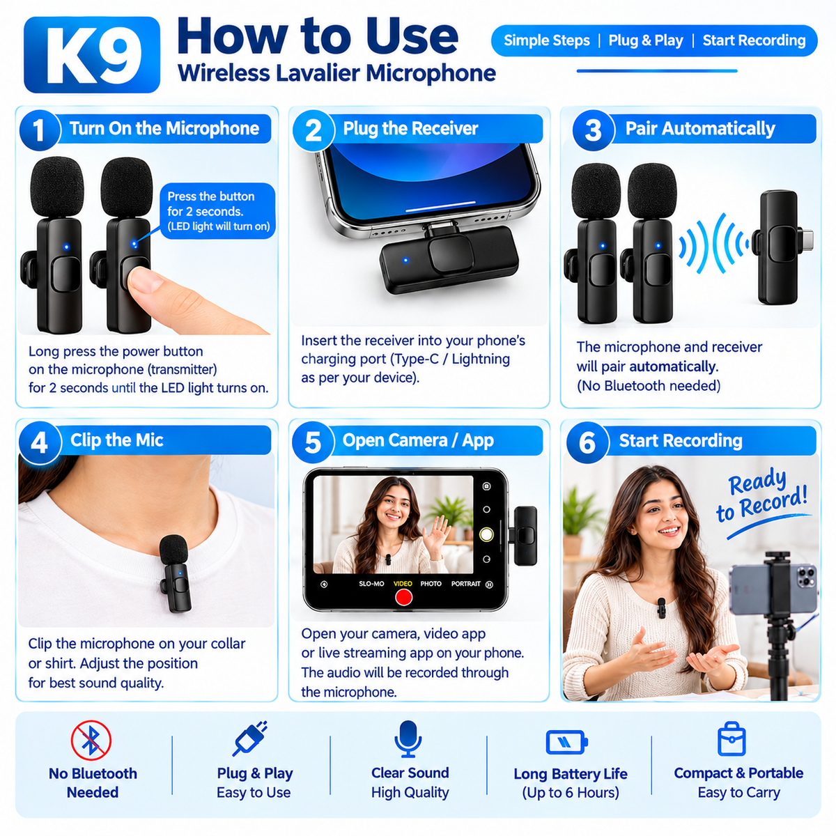 Wireless Lavalier Microphone | Plug & Play | Type-C + iPhone | Noise-Reducing Clip-On Mic
