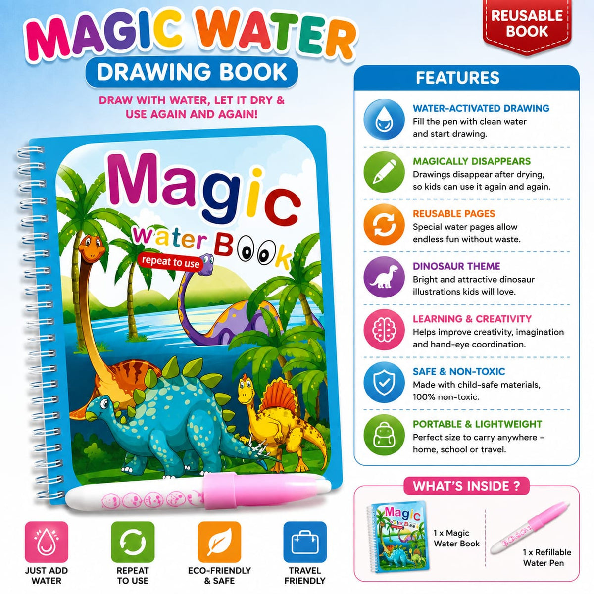 Magic Water Book for Kids Reusable Water Colouring Book(Set of 4)