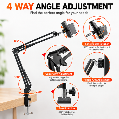Flexible Phone Arm Stand | Desk Clamp Mobile Holder | Overhead Phone Mount for Recording, Drawing, Cooking, Online Classes & Live Streaming