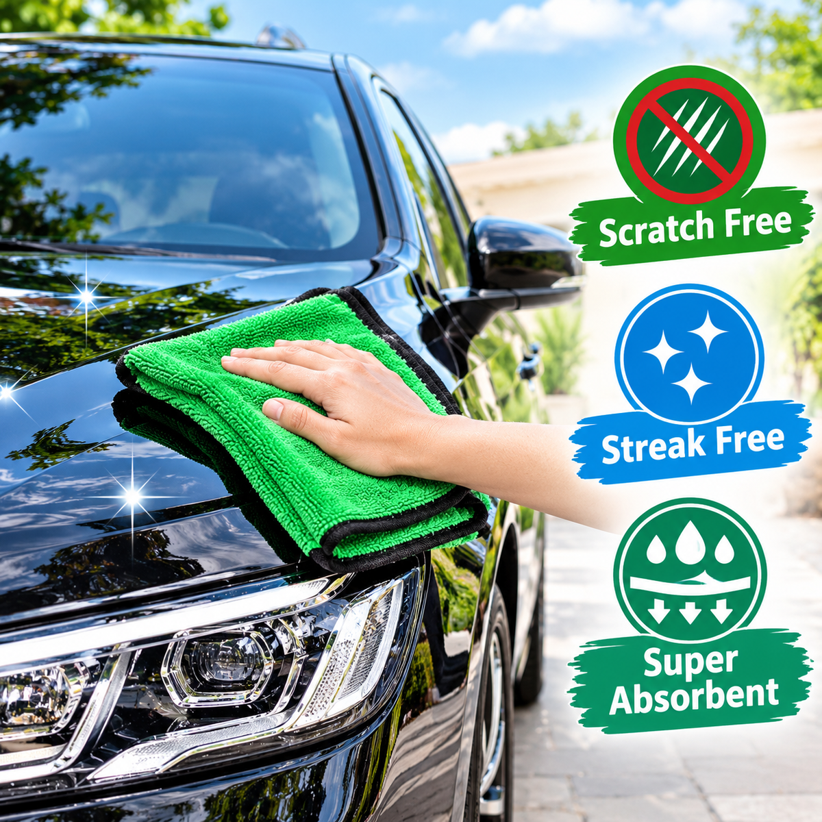 Double-Sided Microfibre Car Wash Towel | Thick Plush, Super Absorbent, Scratch-Free Cleaning Cloth (Green and Yellow)