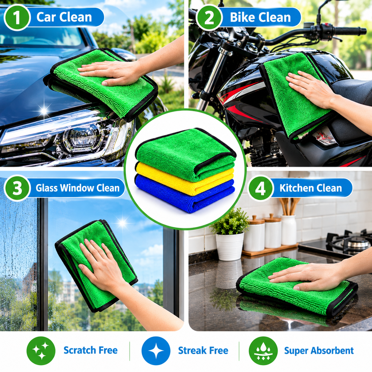 Double-Sided Microfibre Car Wash Towel | Thick Plush, Super Absorbent, Scratch-Free Cleaning Cloth (Green and Yellow)