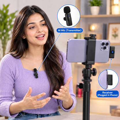 Wireless Lavalier Microphone Kit | Plug and Play Clip-On Mic with Type-C and Lightning Connectors | For Vlogging, Reels, Interviews and Live Streaming