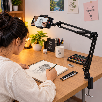 Flexible Phone Arm Stand | Desk Clamp Mobile Holder | Overhead Phone Mount for Recording, Drawing, Cooking, Online Classes & Live Streaming