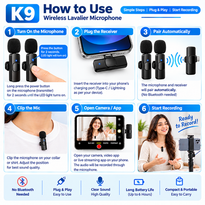 Wireless Lavalier Microphone | Plug & Play | Type-C + iPhone | Noise-Reducing Clip-On Mic